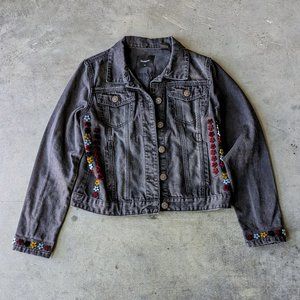 Desigual Gabrielle Black Denim Velvet Floral Jean Jacket size 42